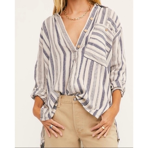 Free People Summer Breeze Linen Stripe Shirt in Tea Combo S - Picture 1 of 9